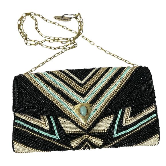Mary Frances Beaded Handbag Purse Black Chain Strap Arrowhead Gem Embellish EUC